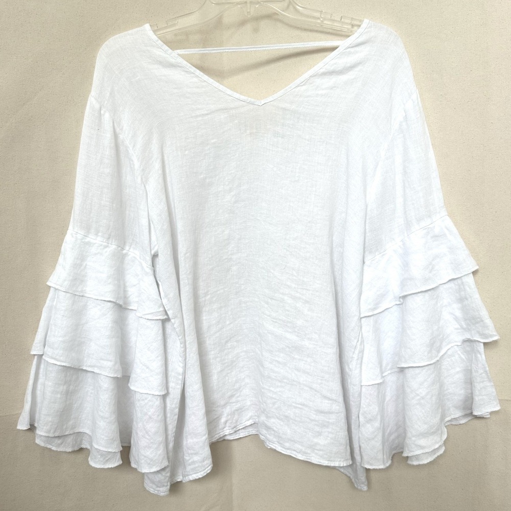 Cobblestone Living Boxy White 100%Linen Tiered Bell Sleeve V-Neck Top L/XL Italy